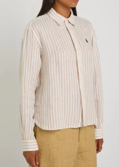 Logo-embroidered striped cropped linen shirt