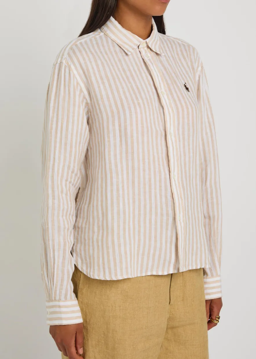 Logo-embroidered striped cropped linen shirt