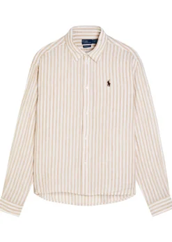 Logo-embroidered striped cropped linen shirt