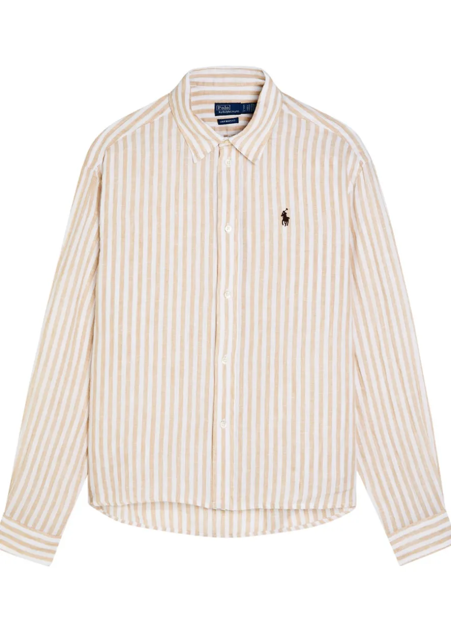 Logo-embroidered striped cropped linen shirt