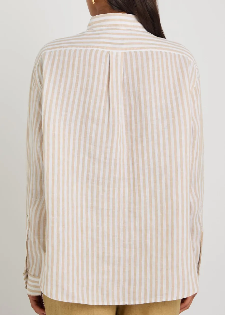 Logo-embroidered striped cropped linen shirt