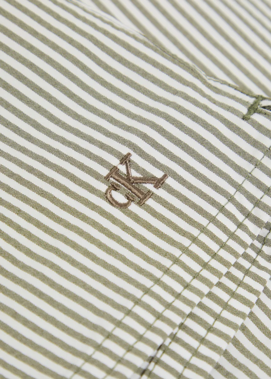 Logo-embroidered striped seersucker swim shorts
