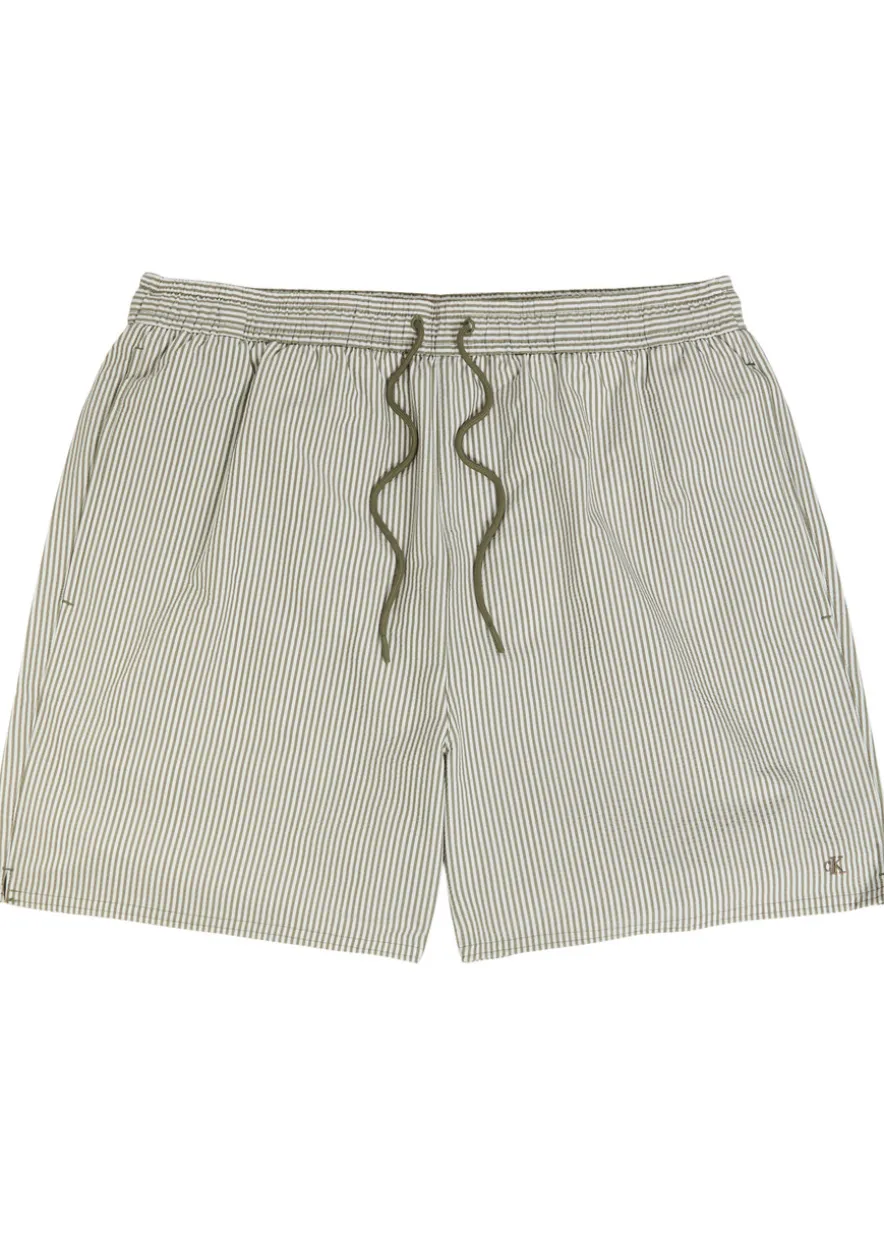 Logo-embroidered striped seersucker swim shorts