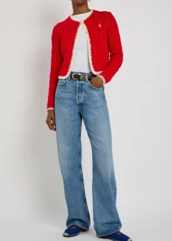 Logo-embroidery cable-knit stretch-cotton cardigan