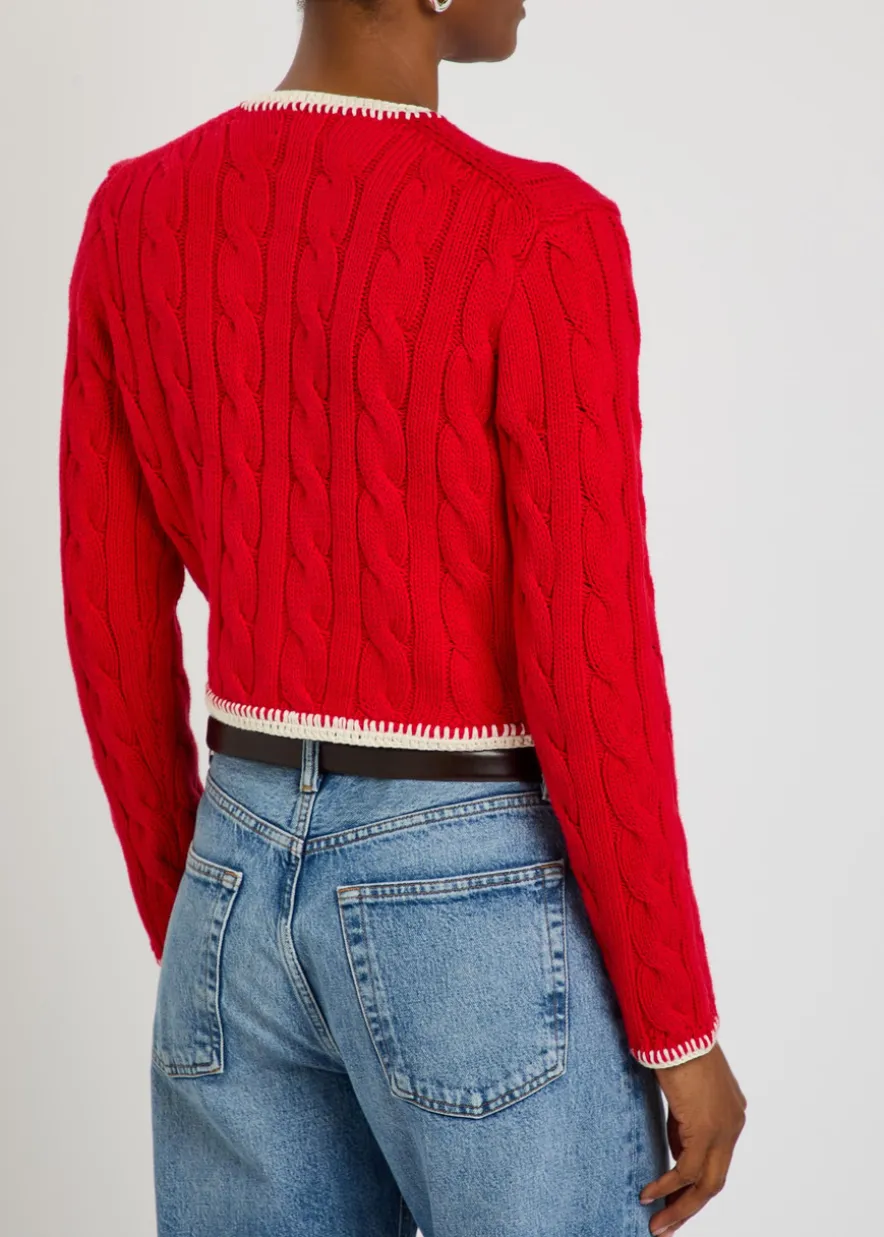 Logo-embroidery cable-knit stretch-cotton cardigan