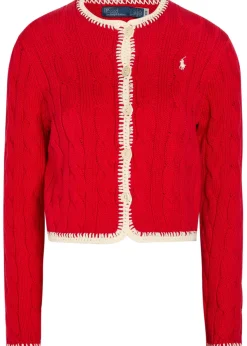 Logo-embroidery cable-knit stretch-cotton cardigan