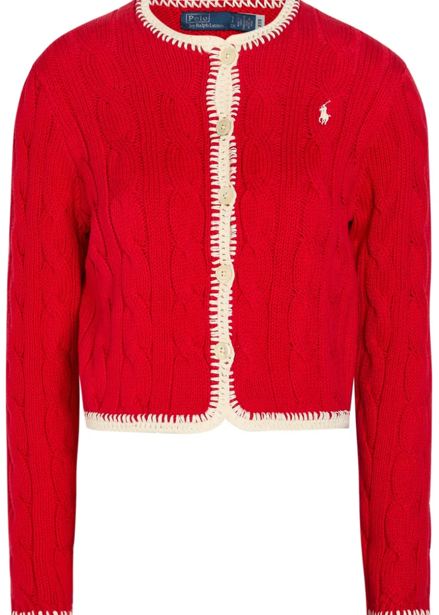 Logo-embroidery cable-knit stretch-cotton cardigan