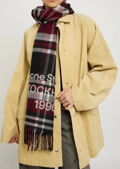 Logo-intarsia checked wool-blend scarf