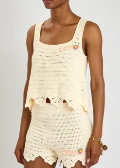 Logo-intarsia crochet cotton top