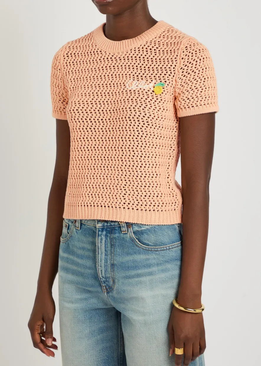 Logo-intarsia open-knit cotton T-shirt