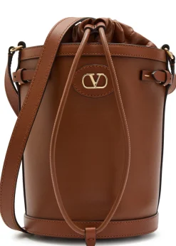Logo-plaque leather drawstring bucket bag