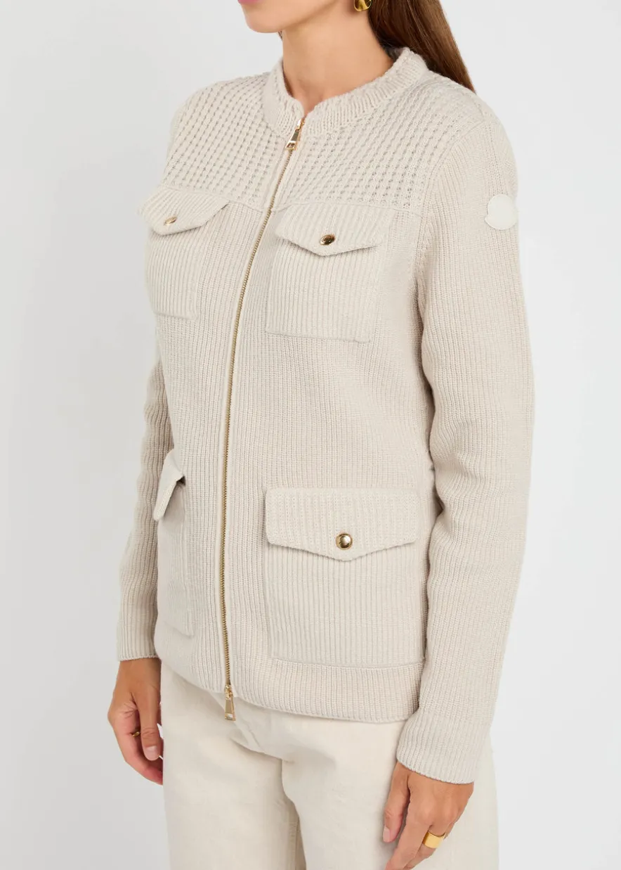 Logo ribbed wool and shell cardigan