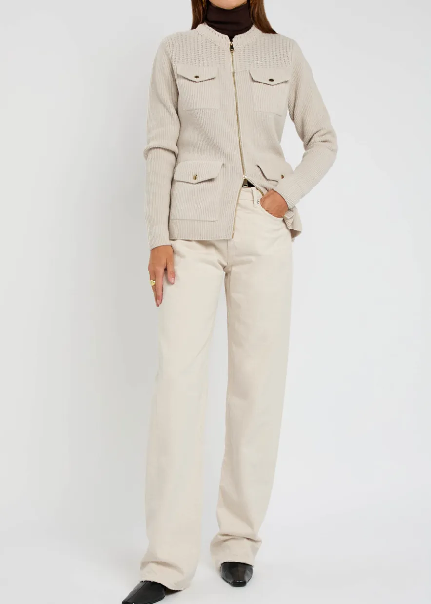 Logo ribbed wool and shell cardigan