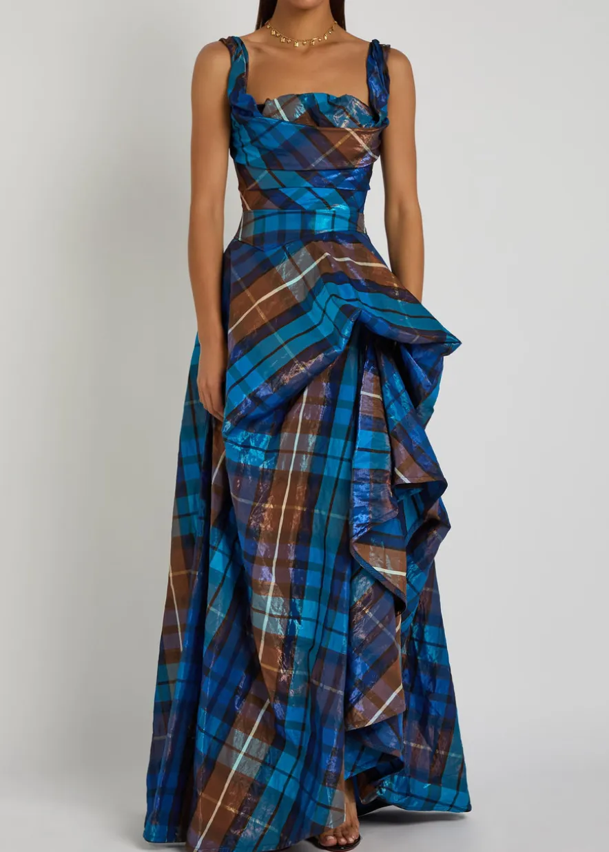 Long Chichi tartan gathered woven gown