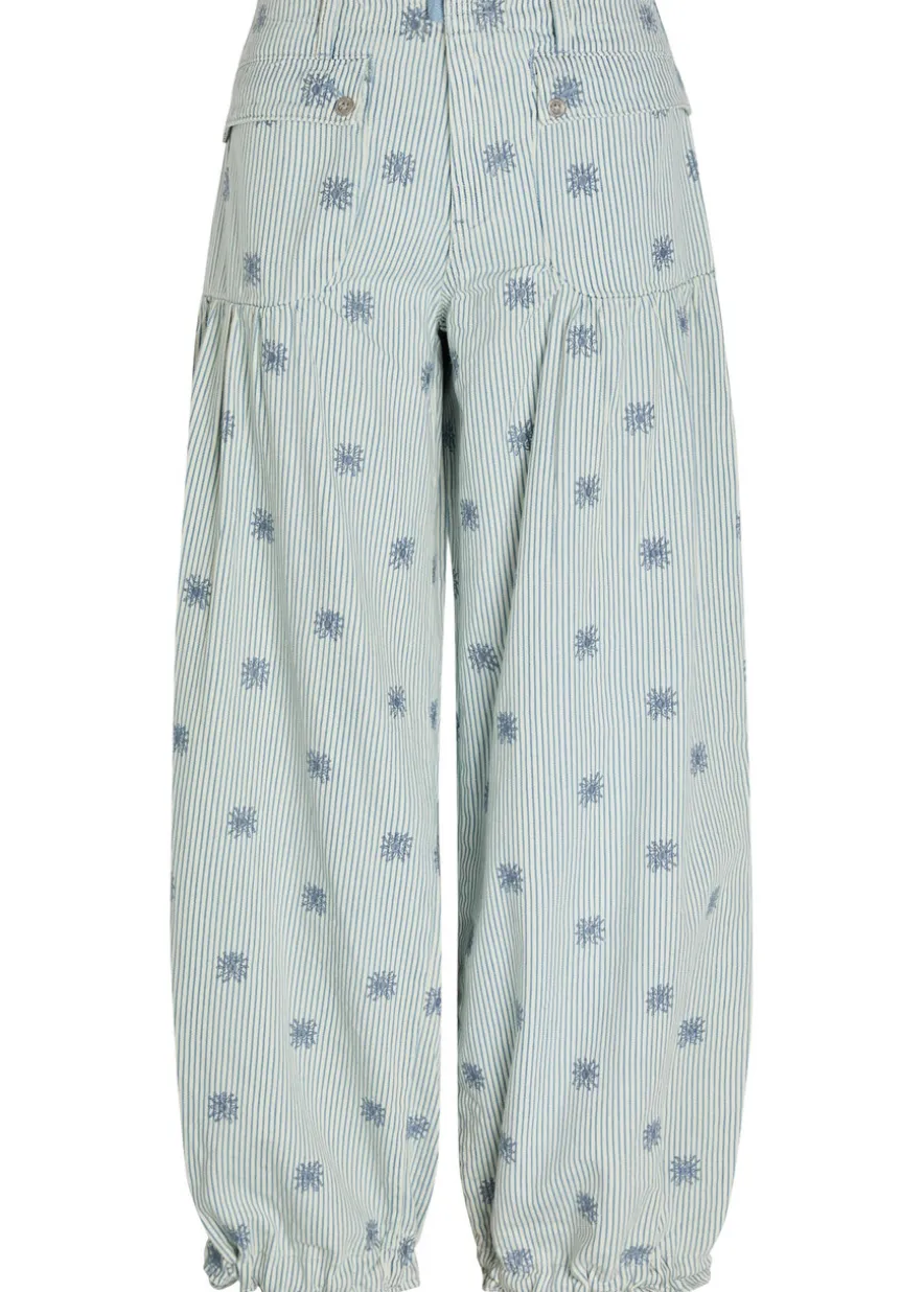 Lotus striped embroidered balloon-leg jeans