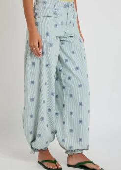 Lotus striped embroidered balloon-leg jeans