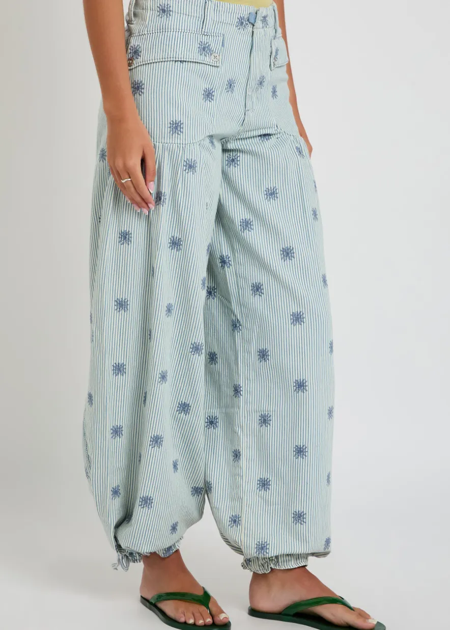 Lotus striped embroidered balloon-leg jeans