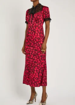 Lyla cherry-print lace and satin midi dress