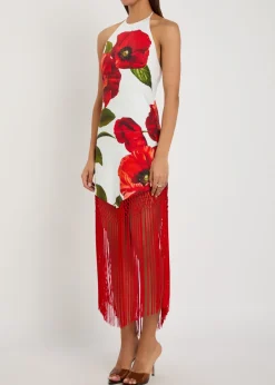 Mallory floral-print fringed linen-blend midi dress