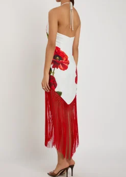 Mallory floral-print fringed linen-blend midi dress