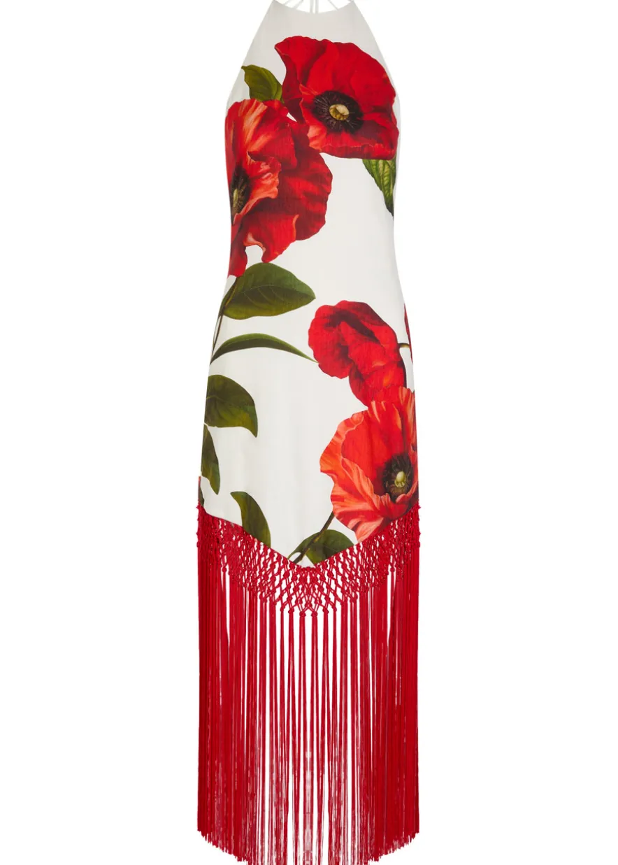 Mallory floral-print fringed linen-blend midi dress