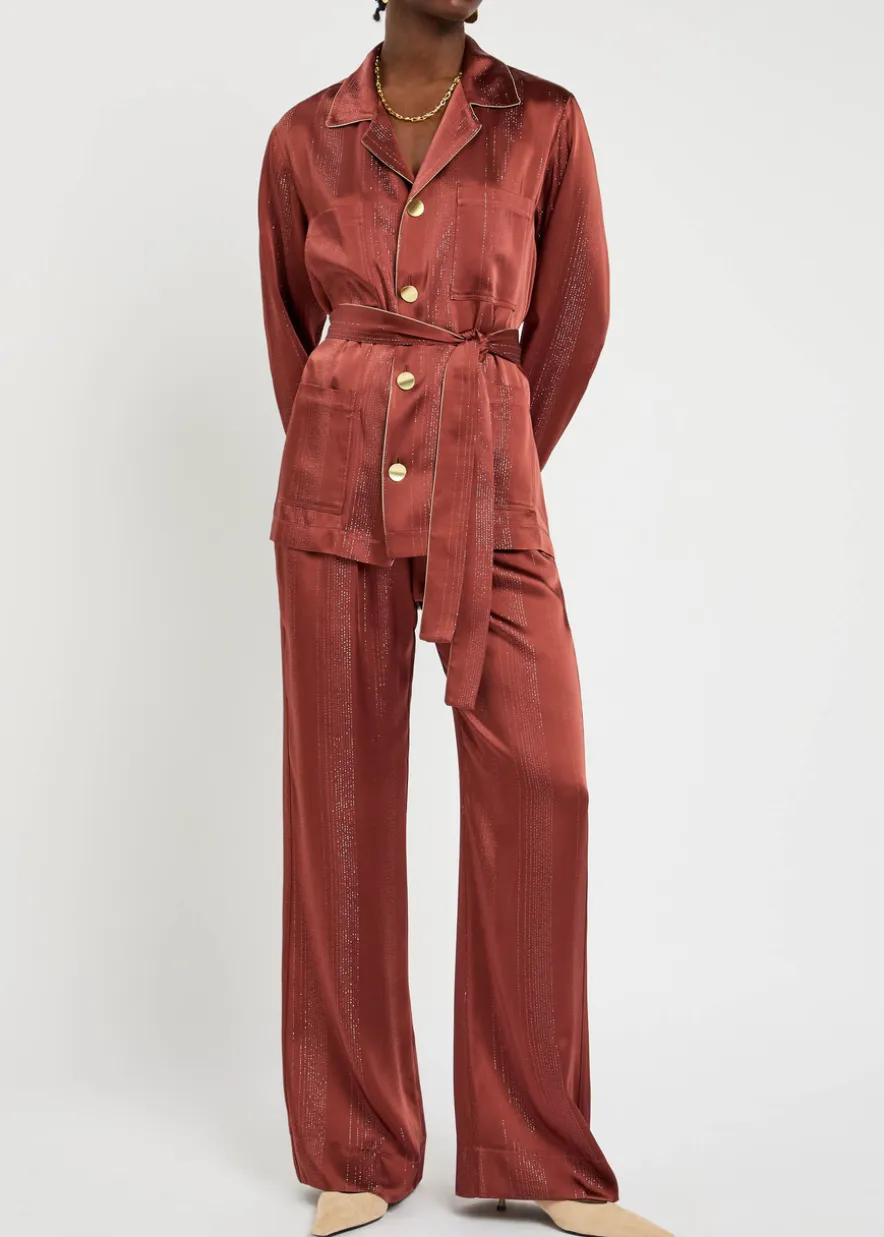 Metallic-pinstripe satin shirt jacket