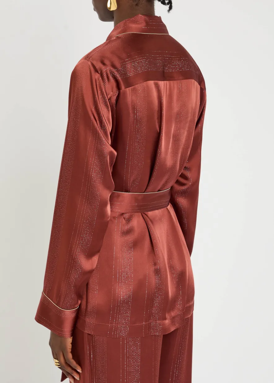 Metallic-pinstripe satin shirt jacket