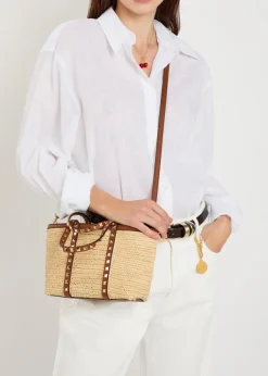 Mini Rockstud raffia tote bag