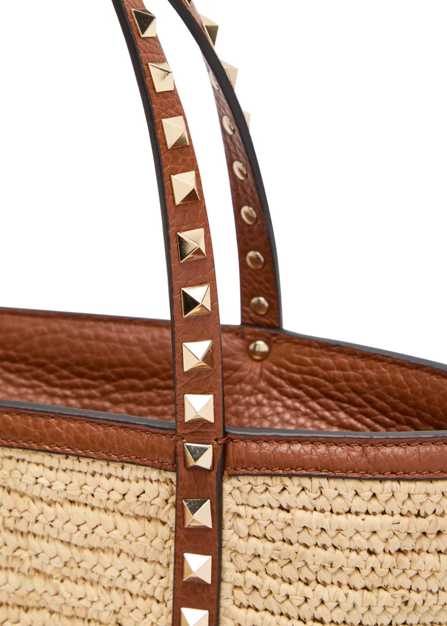 Mini Rockstud raffia tote bag