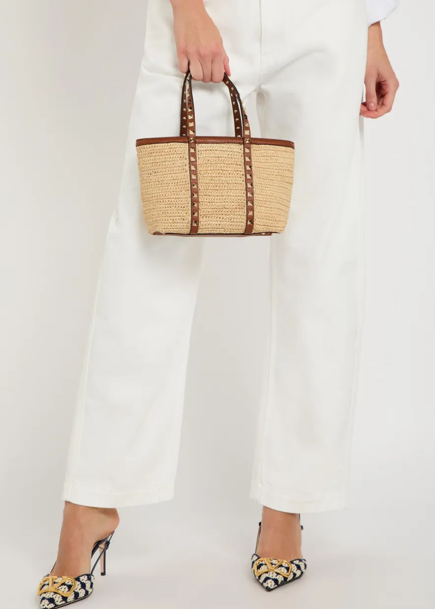 Mini Rockstud raffia tote bag