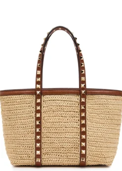 Mini Rockstud raffia tote bag