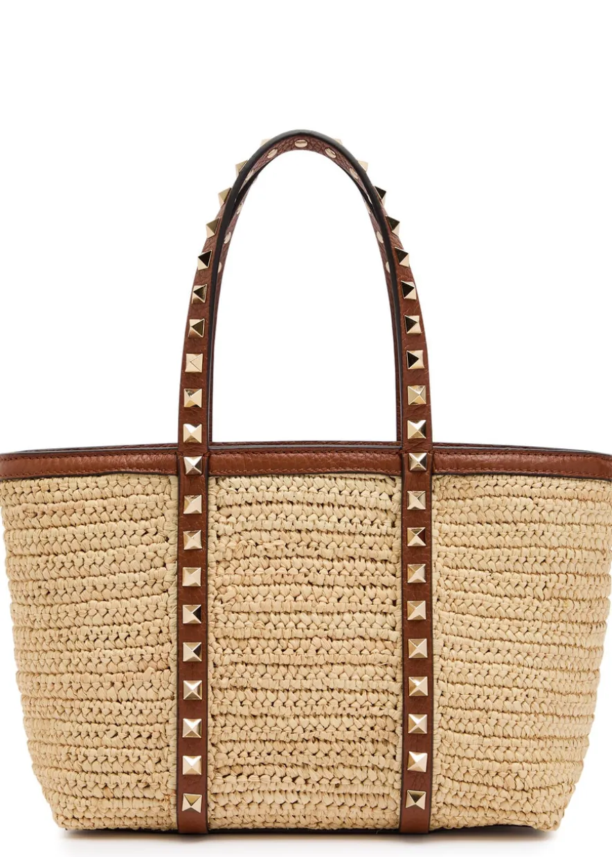 Mini Rockstud raffia tote bag