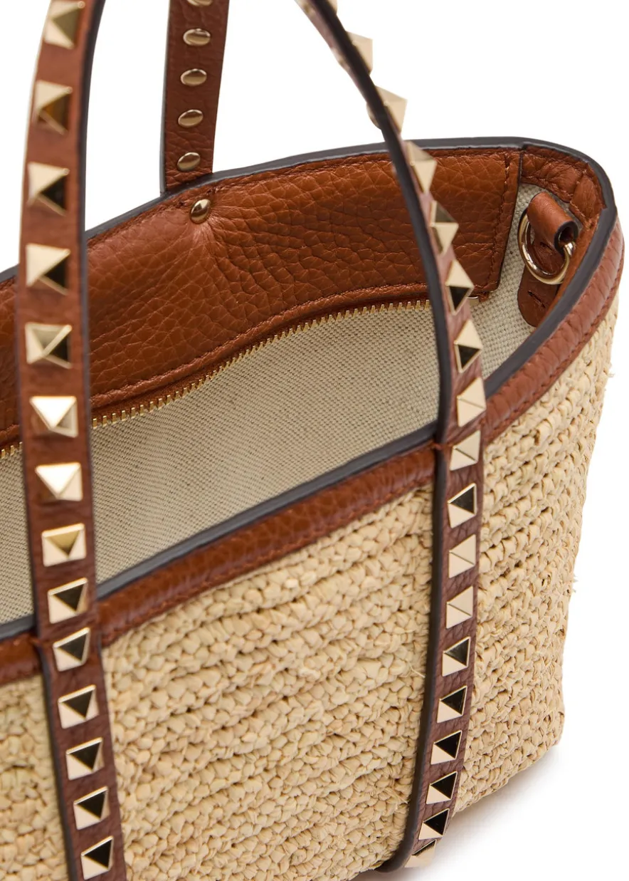 Mini Rockstud raffia tote bag