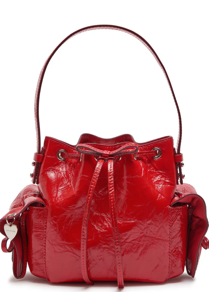 Multipocket mini patent leather bucket bag