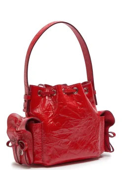 Multipocket mini patent leather bucket bag