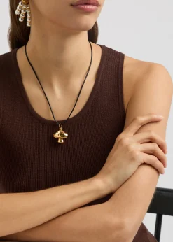 Mushroom 24kt gold-plated leather cord necklace