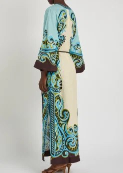 Natalia printed belted linen midi dress
