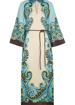 Natalia printed belted linen midi dress