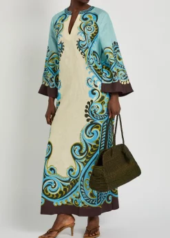 Natalia printed belted linen midi dress