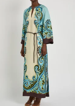 Natalia printed belted linen midi dress
