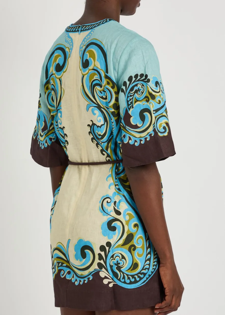 Natalia printed belted linen mini dress