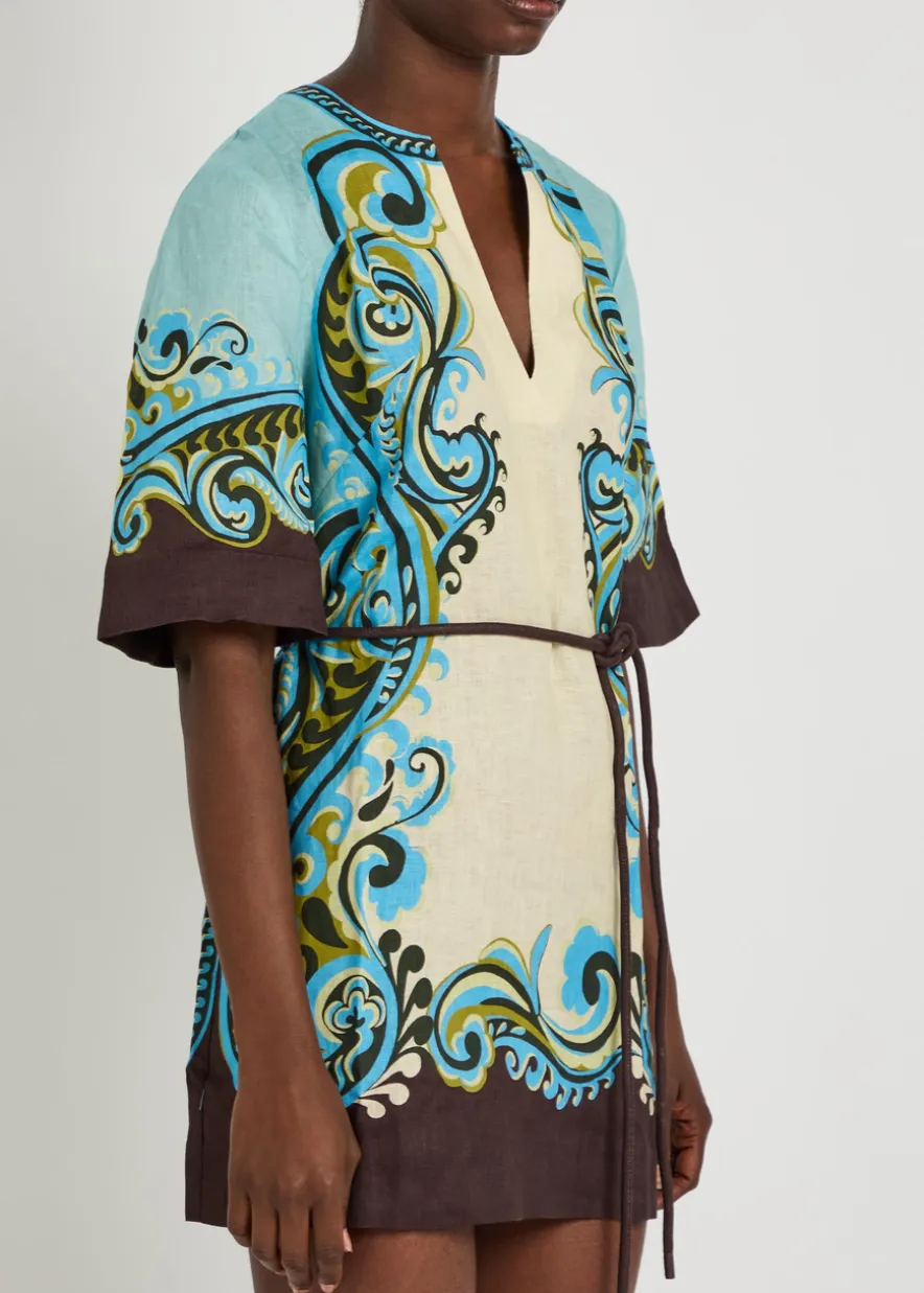 Natalia printed belted linen mini dress