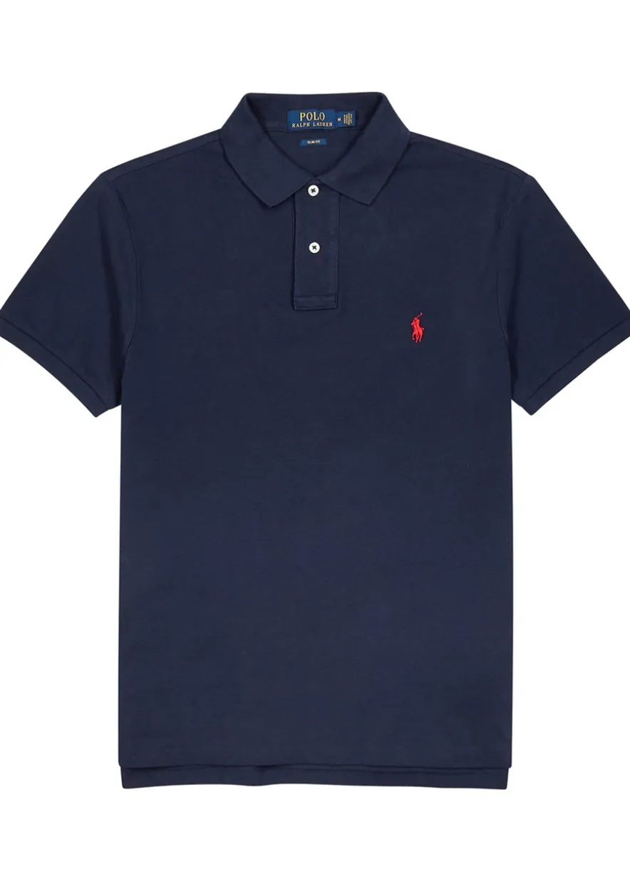 Navy slim piqué cotton polo shirt