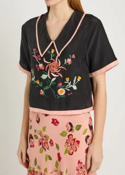 Nicolina floral-embroidered silk top