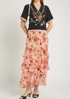 Nicolina floral-embroidered silk top