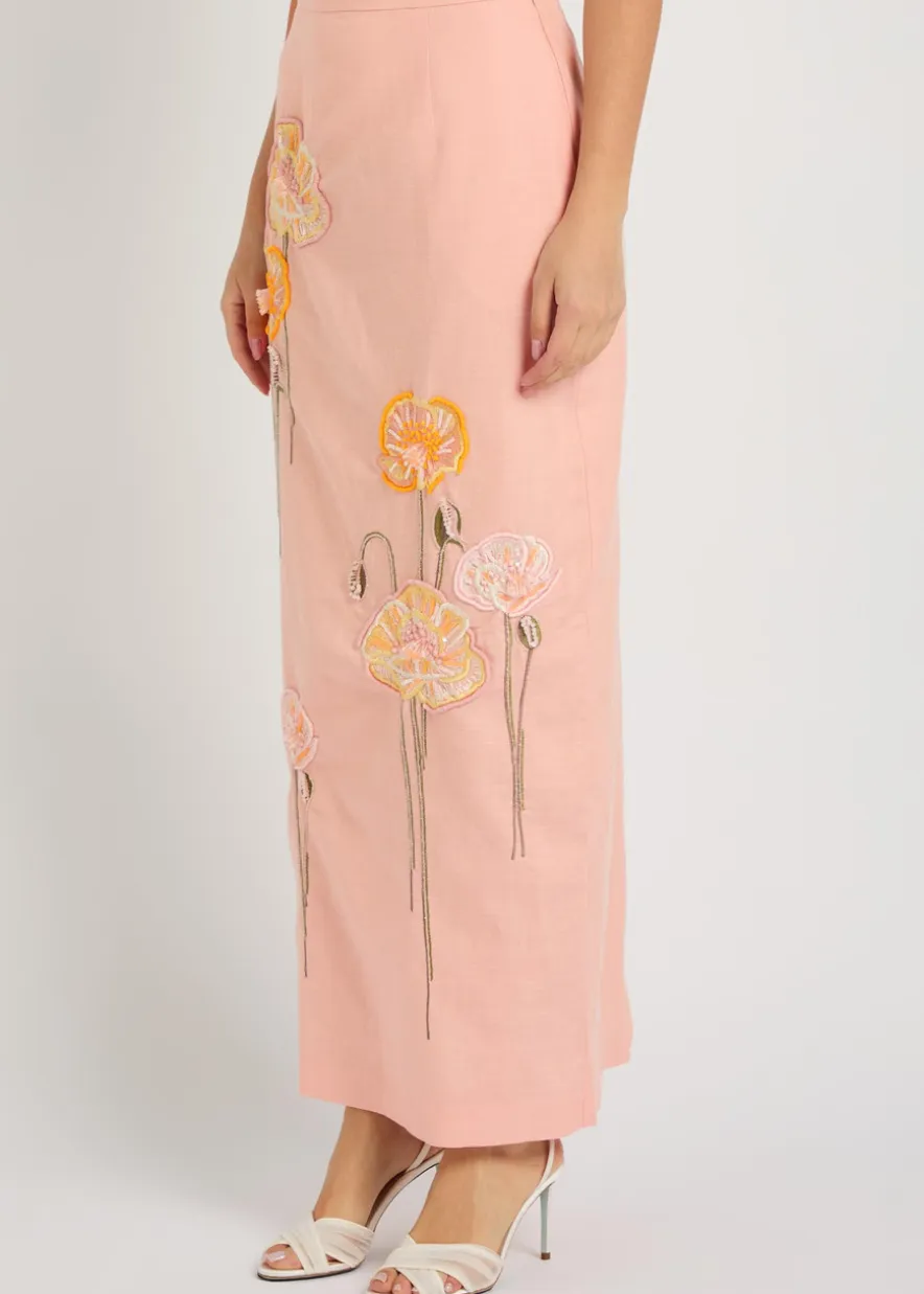 Norma floral-embroidered cotton and linen-blend midi skirt