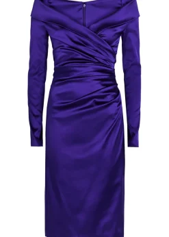 Off-the-shoulder gathered satin midi dress