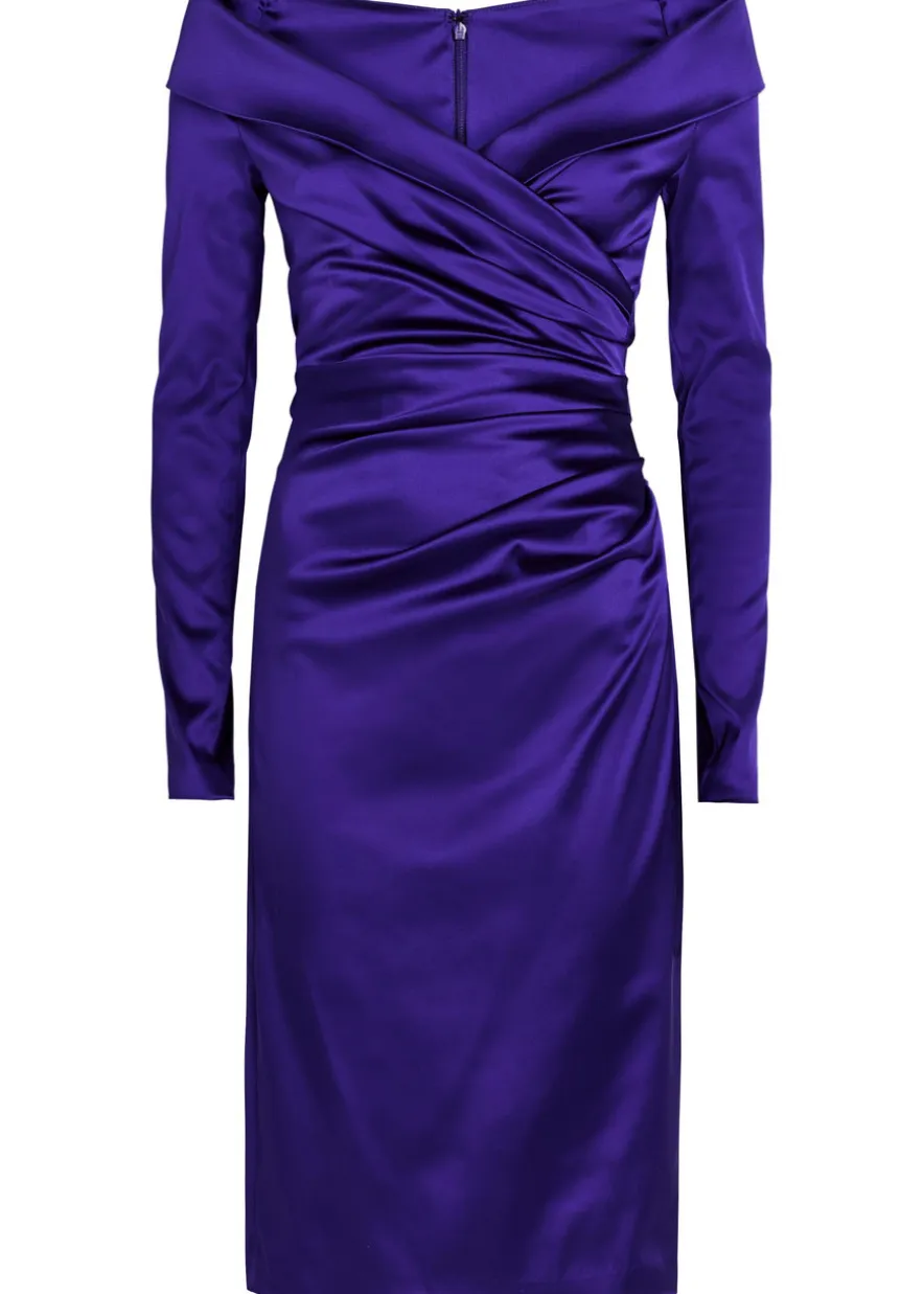 Off-the-shoulder gathered satin midi dress