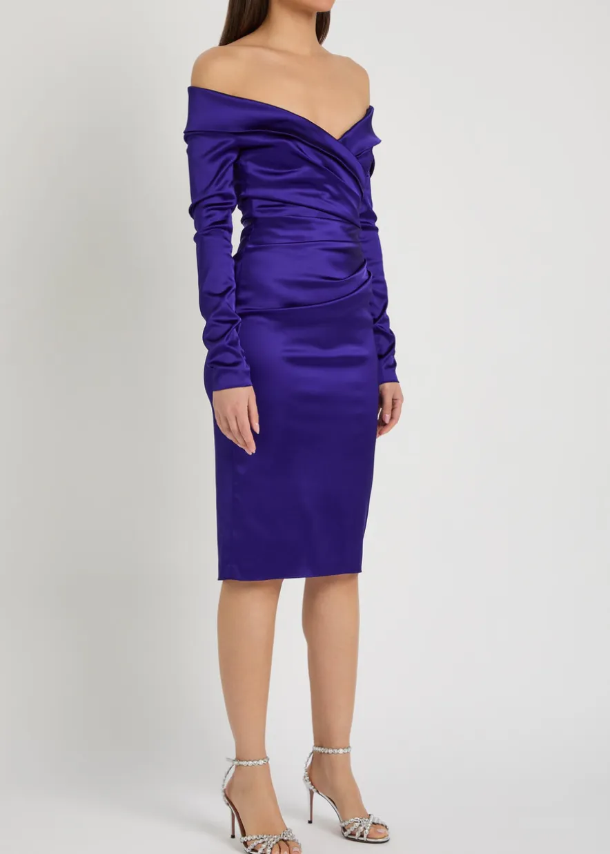 Off-the-shoulder gathered satin midi dress