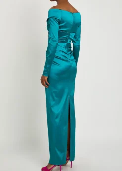 Off-the-shoulder gathered satin maxi dress